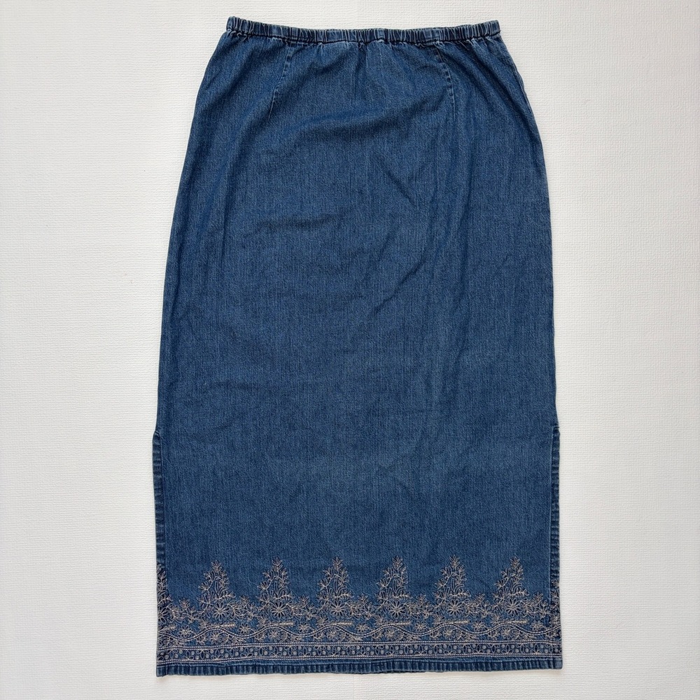 Eddie Bauer VTG Denim Maxi Skirt Embroidered Medium Blue Cottage Boho Prairie